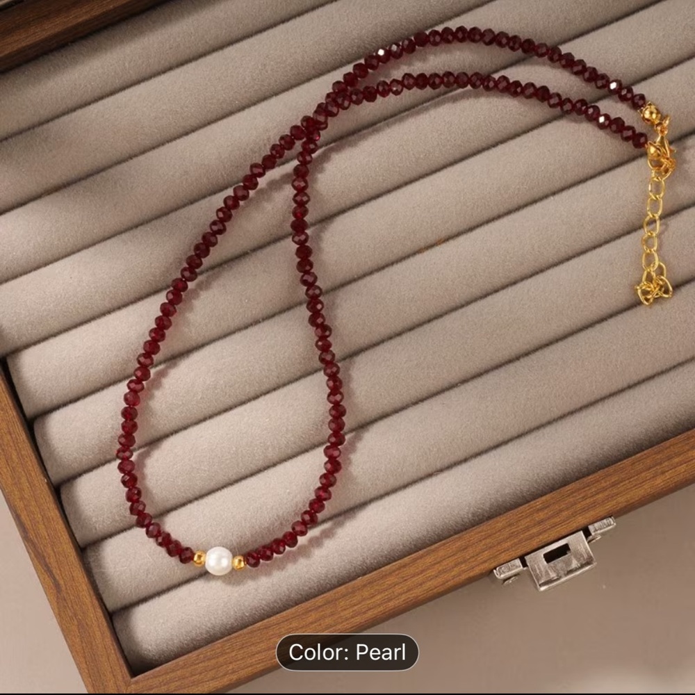 Red Pearl Glass Bead Necklace  with Gold accents